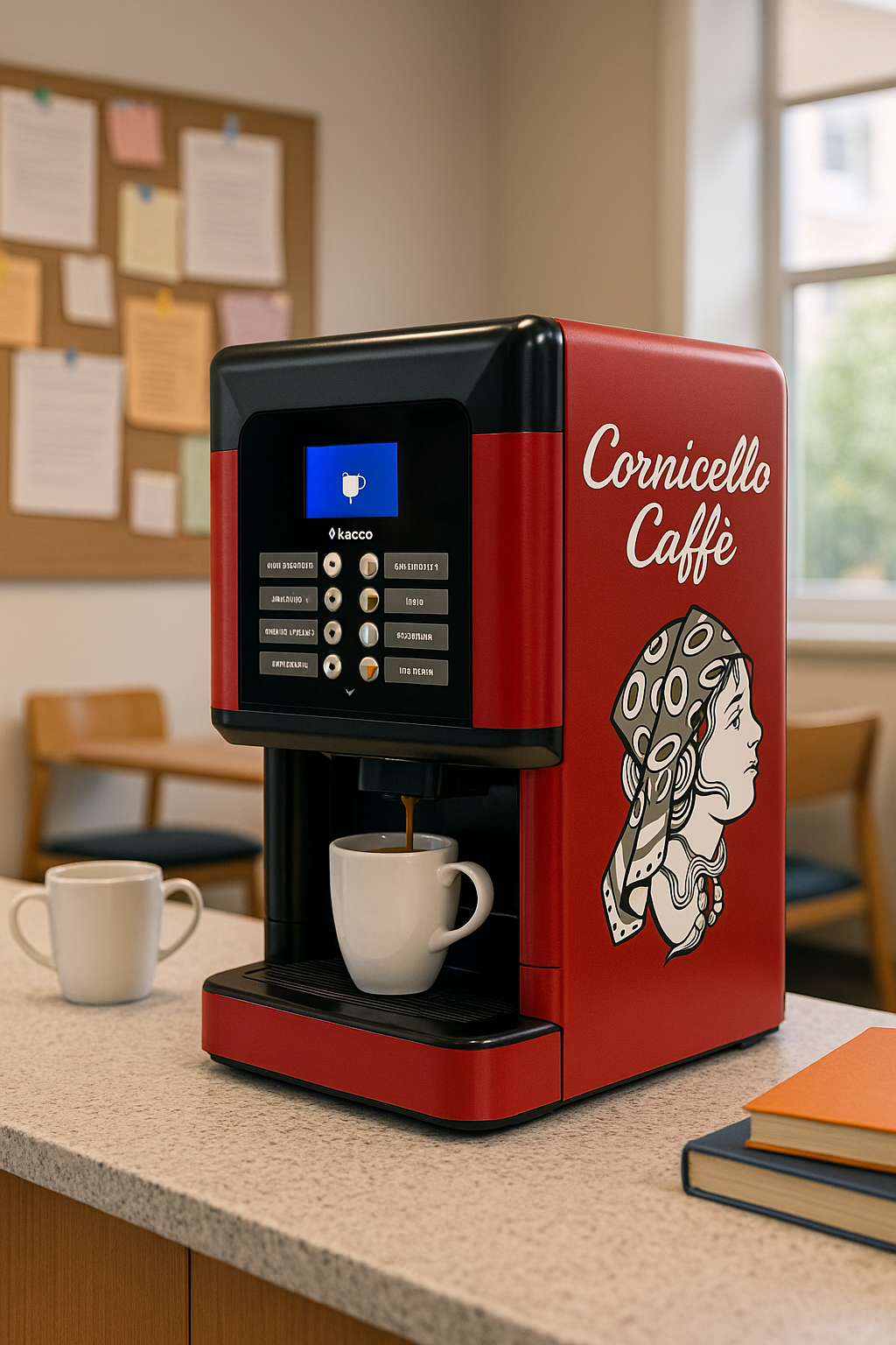 Cornicello Caffe red coffee machine serving coffee in a warm office space