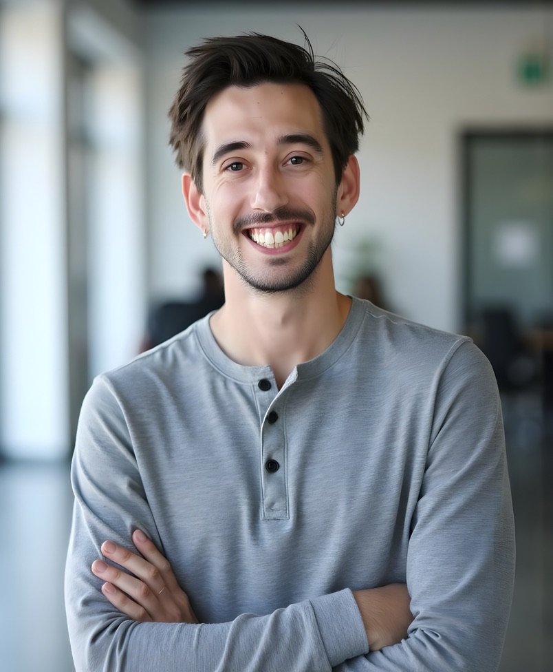 Alexander Soares smiling in a grey shirt