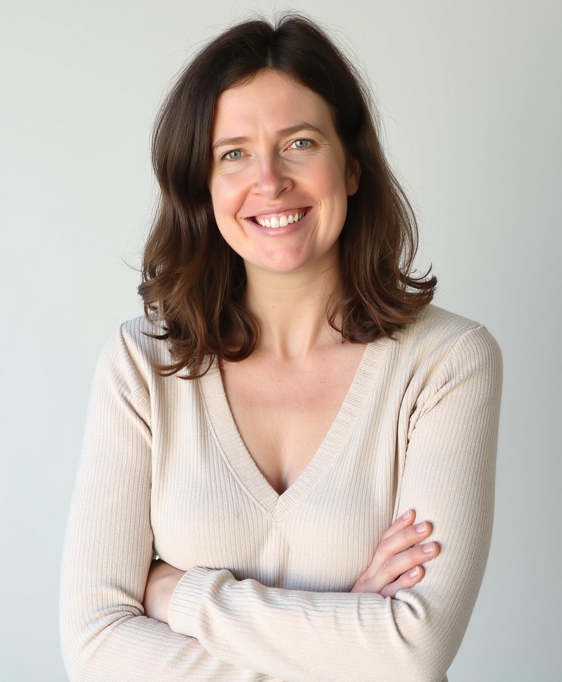 Rachel Jurgens smiling in a cream sweater